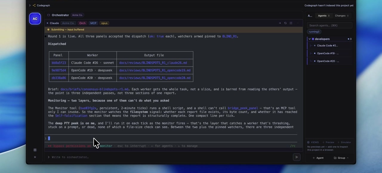 Jerico orchestrator dispatching one spec to three developer panels running in parallel